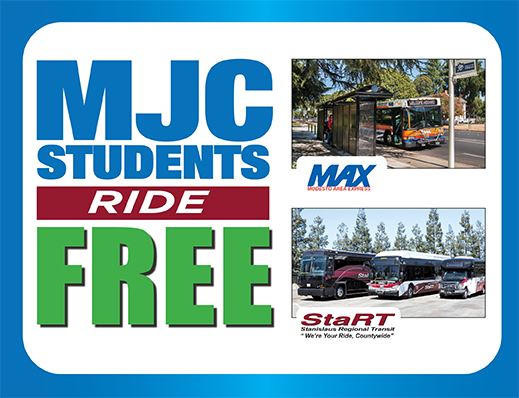 MJC Students Ride Free. Image of MAX and StaRT vehicles