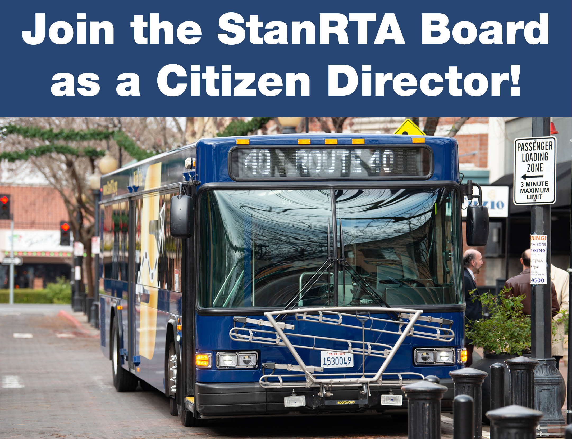 Join the StanRTA Board as a Citizen Director. The S bus parked at curb on city street.