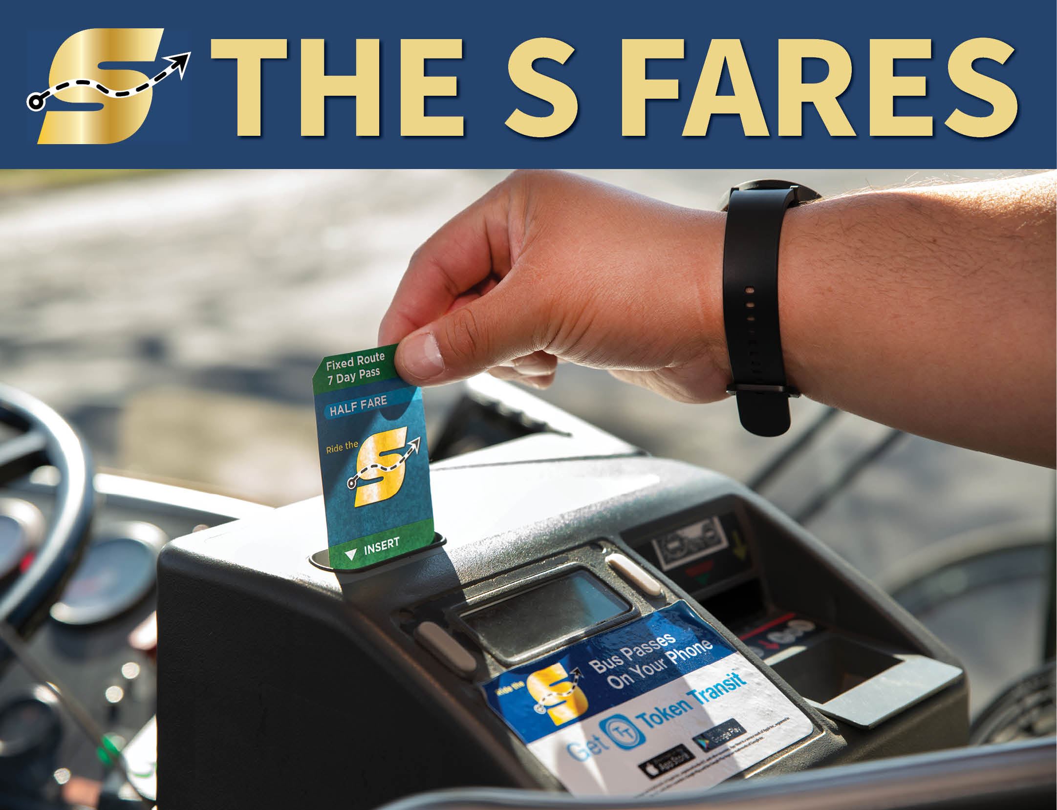 The S Fares with logo, image of person's hand inserting fare card into farebox on a bus
