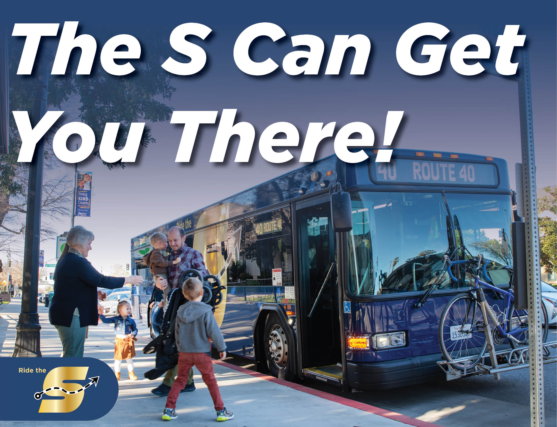 The S can get you there! Image of a family preparing to board The S bus. Ride The S