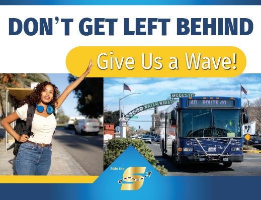 Don't get left behind, give us a wave, image of a rider waving to an approaching S bus