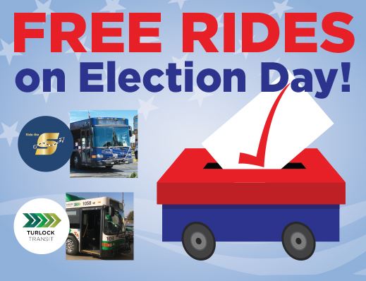 Free rides on Election Day, images of The S and Turlock Transit buses with logos
