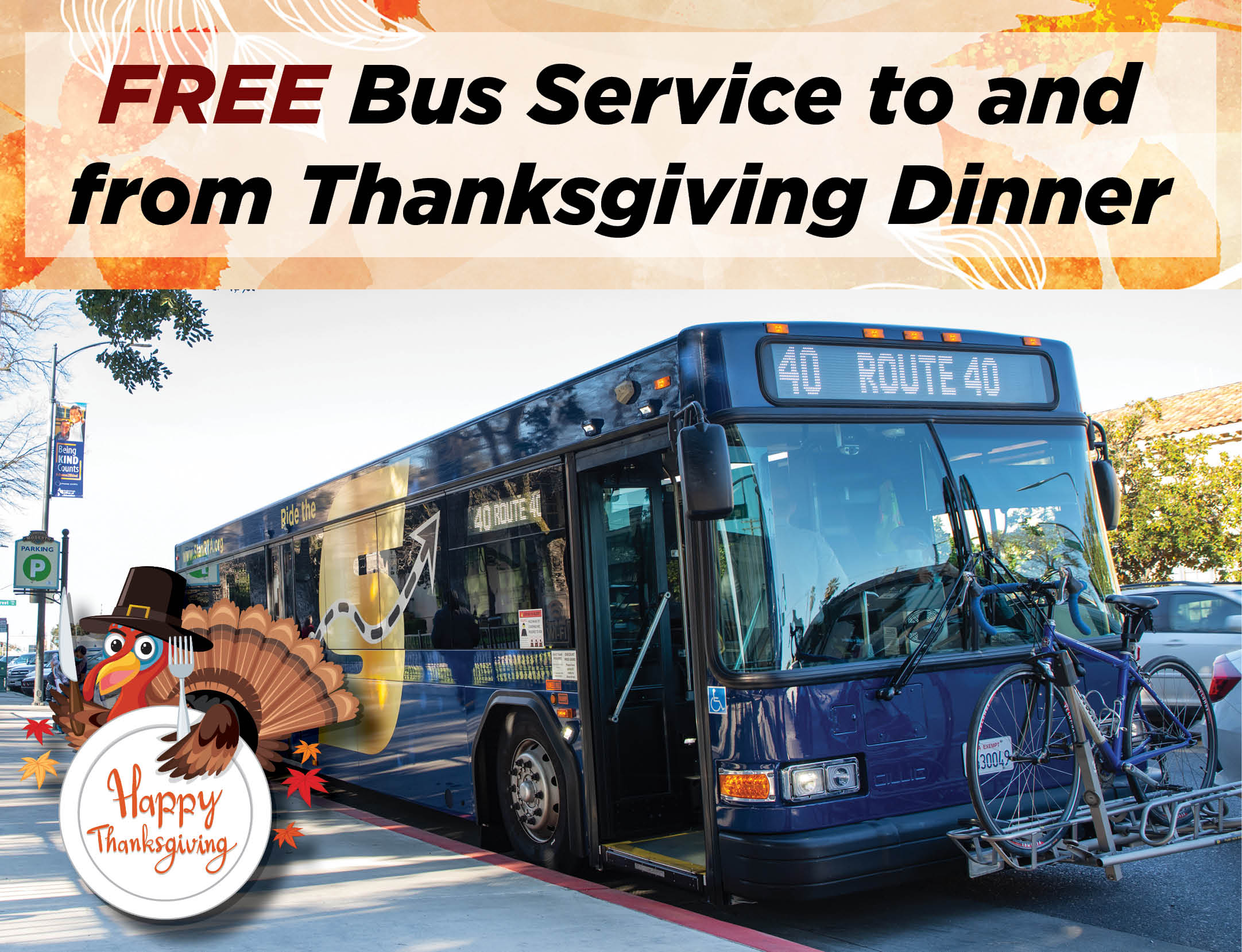 Free Bus Service to and from Thanksgiving Dinner, image of the S bus & a turkey, Happy Thanksgiving