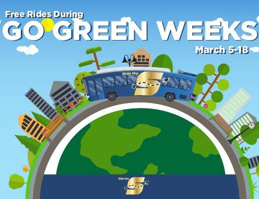Free Rides during Go Green Weeks March 5-18, image of The S bus on a green planet with cityscape