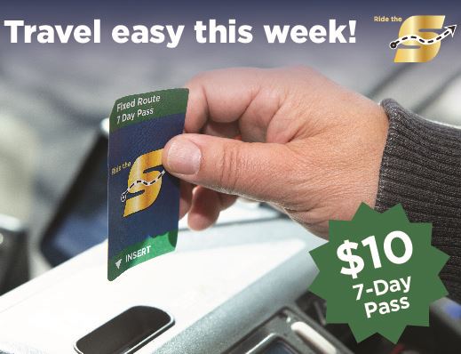 Travel easy this week, $10 7-day pass, image of a Ride The S pass, Ride the S logo