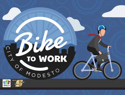 Bike to Work, City of Modesto, image of person riding a bike, City and Ride The S logos