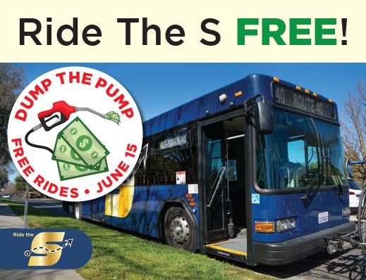 Ride the S free, dump the pump, free rides June 15, images of The S bus and logo and a gas pump