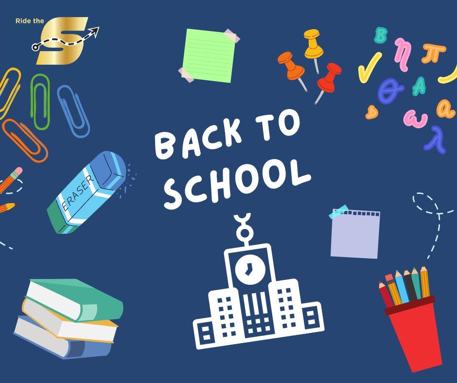 Back to School, images of miscellaneous school supplies, Ride The S logo