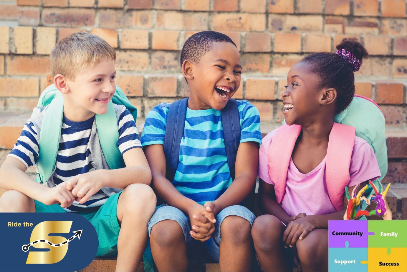 Image of smiling children with backpacks on, Ride The S logo, community, family, support, success 