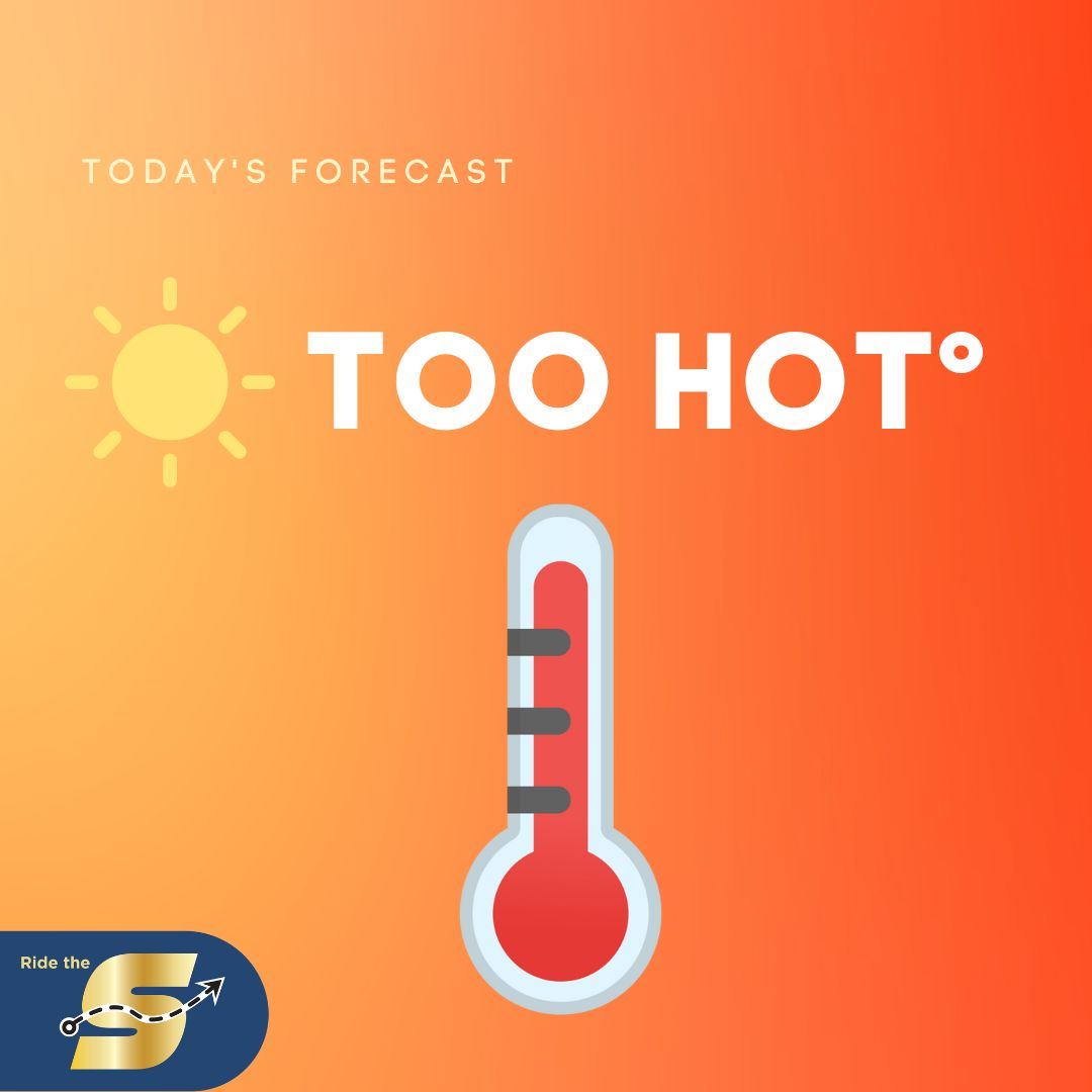 Today's Forecast Too Hot, Ride The S logo, images of a cartoon sun and thermometer