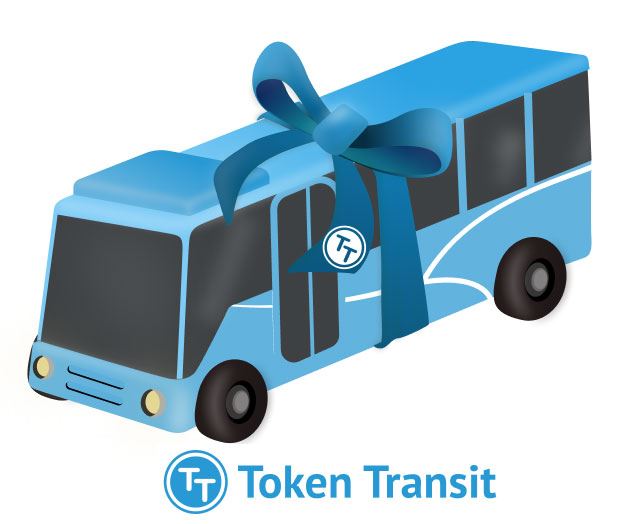 Token Transit logo, image of a blue bus with a blue bow tied on it