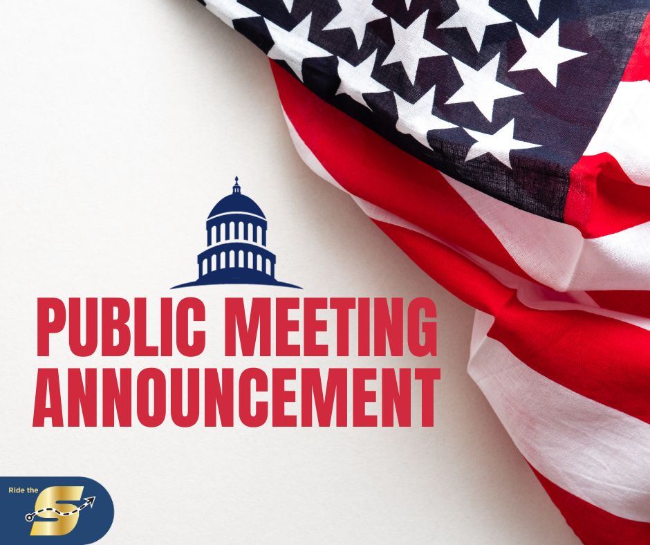 Public Meeting Announcement, images of American flag, The S logo and dome of a capitol building
