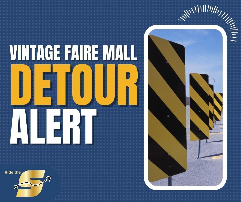 Vintage Faire Mall Detour Alert, Ride The S logo, image of cautionary road signs