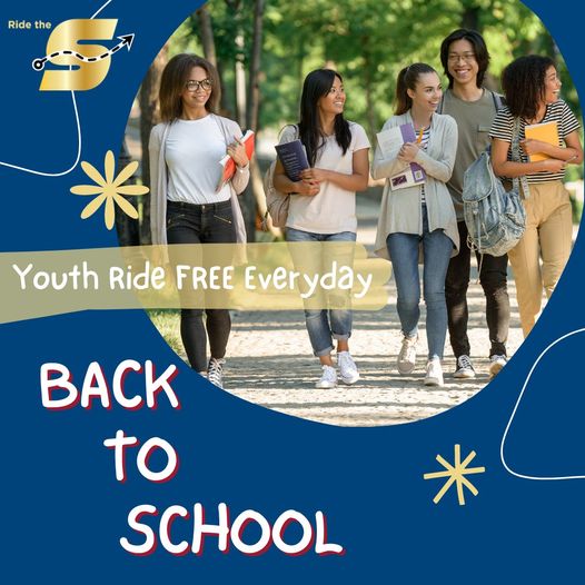 Ride the S back to school, youth ride free every day, image of students walking together