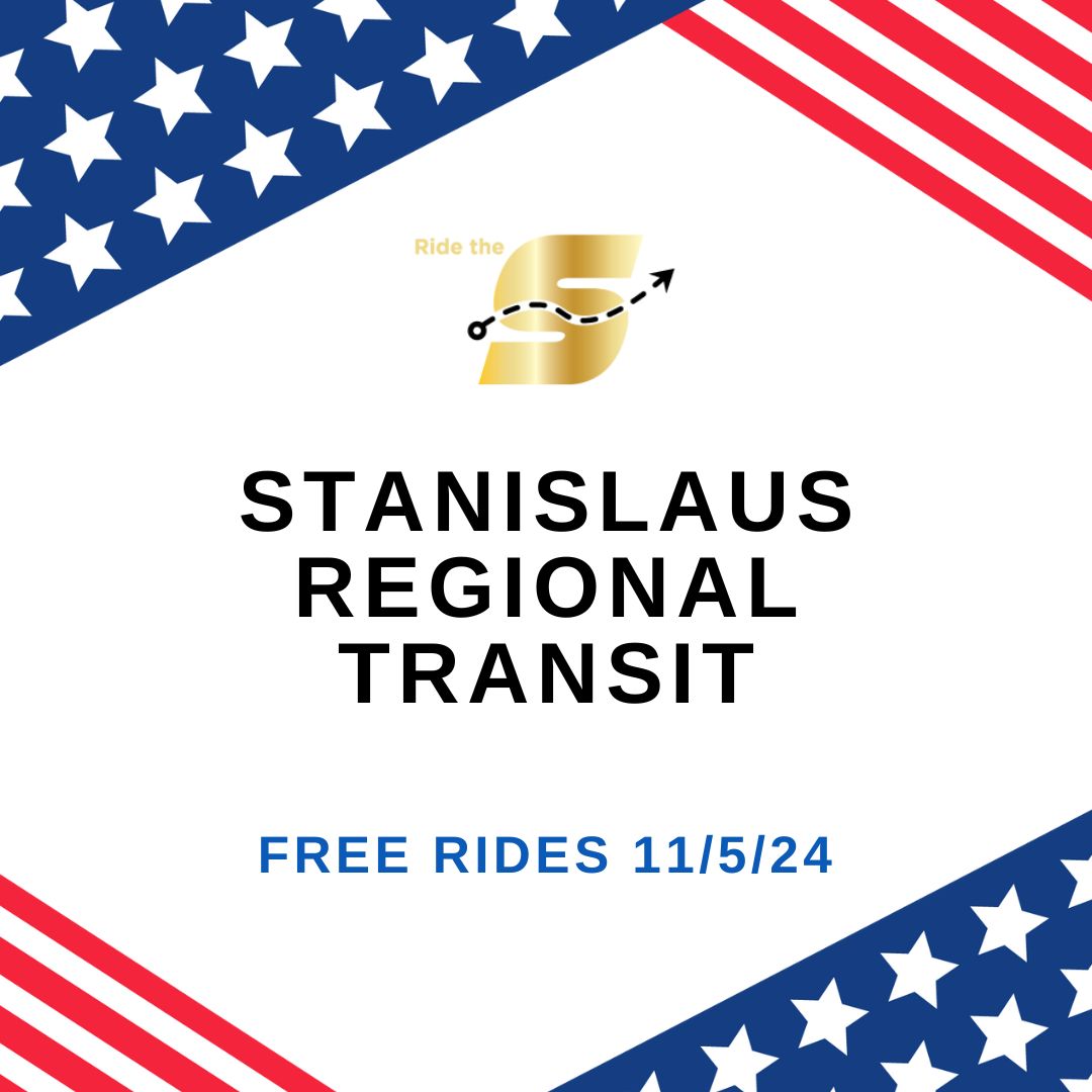 Ride The S logo, Stanislaus Regional Transit, free rides 11.5.24, red, white and blue background