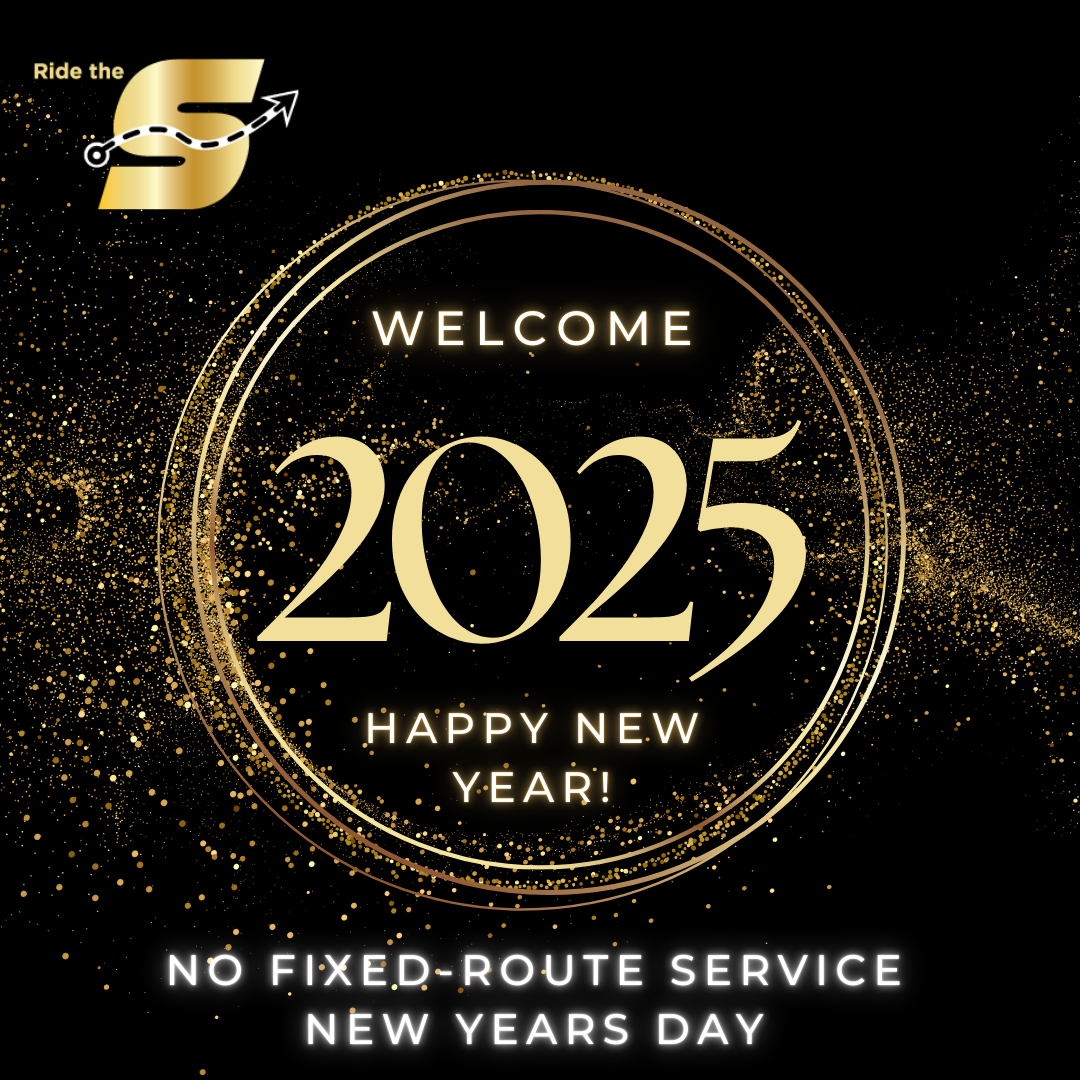 Welcome 2025 Happy New Year, no fixed route service on New Year's Day, black and gold background