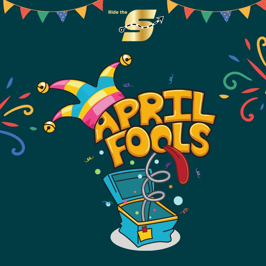April Fools, Ride the S logo, image of jesters crown and jack in the box