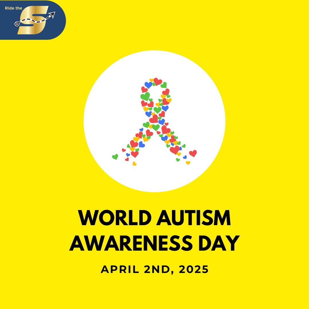 World Autism Awareness Day, Ride the S logo, image of multi color hearts forming a ribbon
