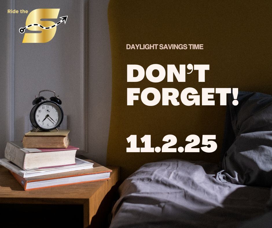 Daylight Saving Time, don't forget, 11.2.25, Ride the S, image of bedside table with books and cl