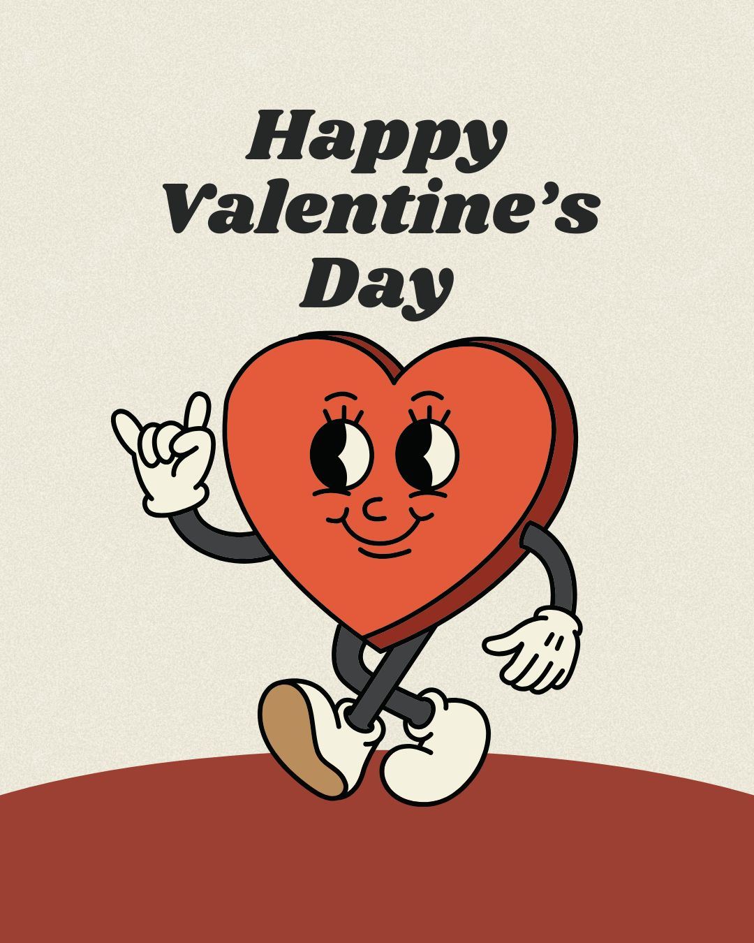 Happy Valentine's Day, image of a cartoonish red, walking heart shape with a smiling face