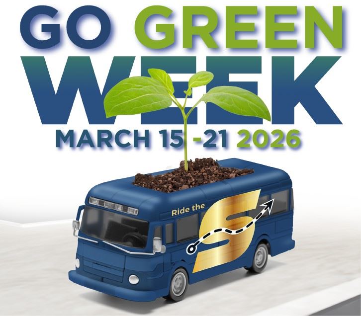 Go Green Week March 15-21, 2026, image of The S bus with a plant sprouting from dirt on top of it
