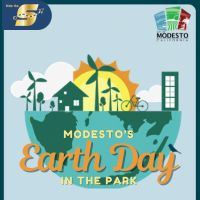 Modesto's Earth Day in the Park, Ride the S and City of Modesto logos, image of a sustainable cit