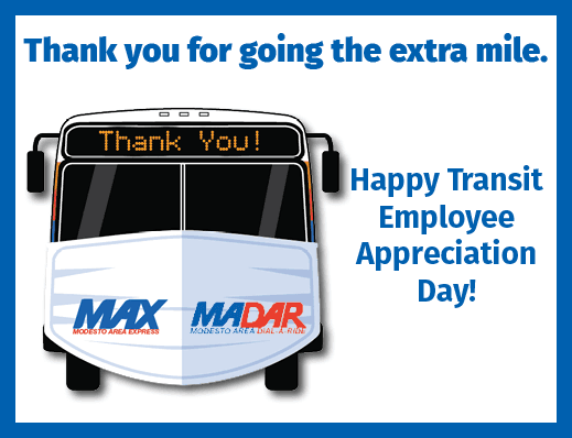Animated bus in face mask with Thank You displayed overhead and MAX and MADAR logos on mask. White b