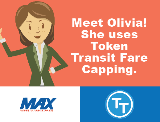 Red background animation of a woman. Meet Olivia! She uses Token Transit Fare Capping. MAX and Token
