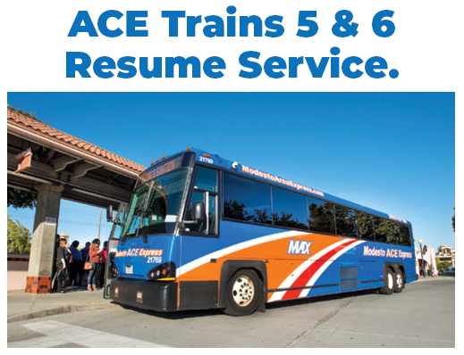 MAX to ACE commuter bus at stop with passengers waiting. ACE Trains 5 & 6 resume service.