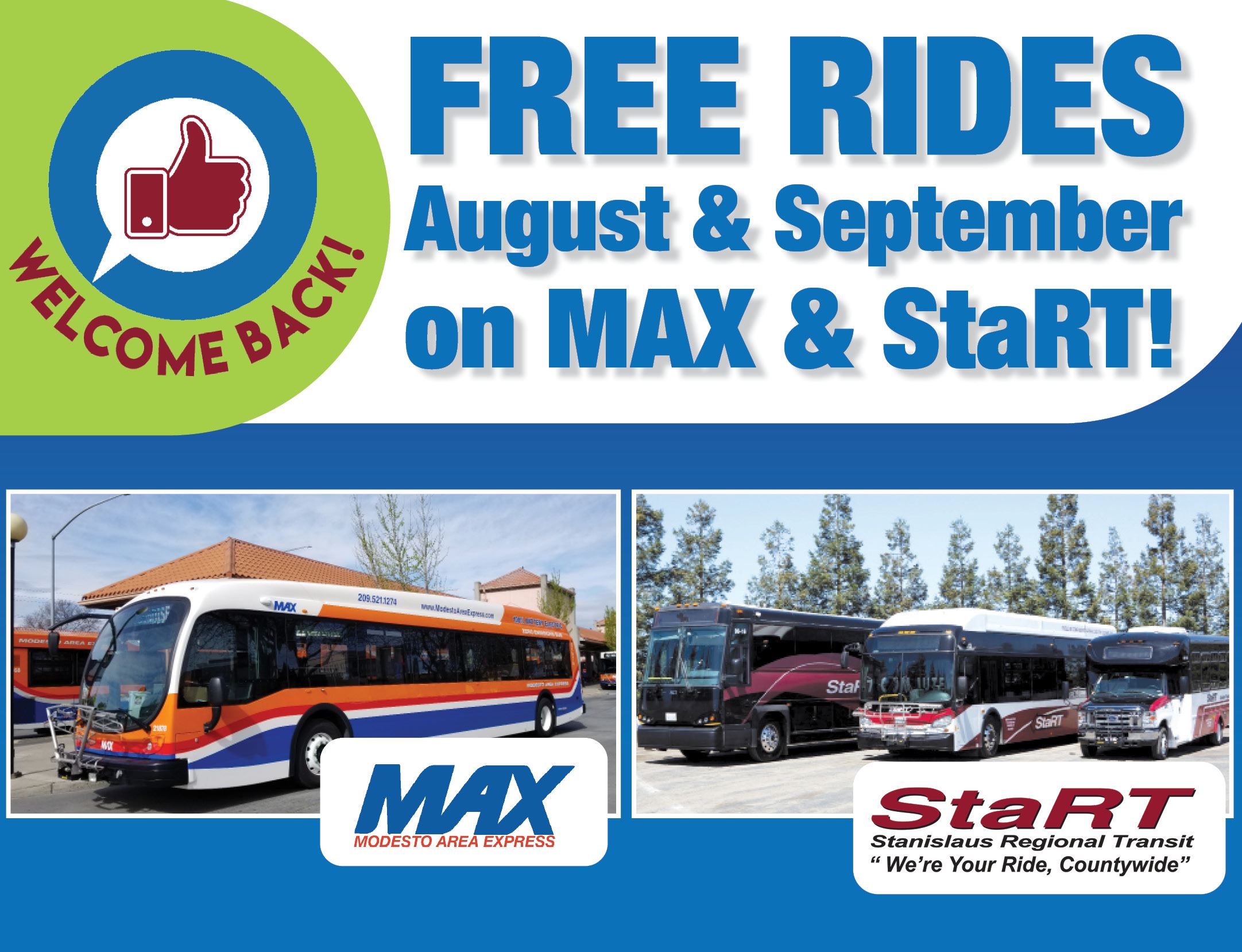 Welcome Back, thumbs up. Free rides August, September on MAX and StaRT. Image of MAX and StaRT buses