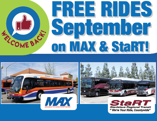 Welcome Back, thumbs up. Free rides August and September on MAX and StaRT. Image of buses.