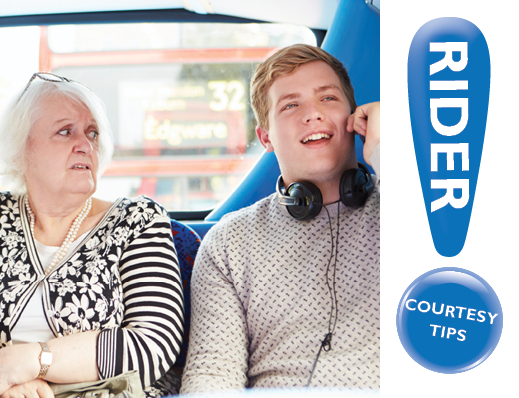 Rider Courtesy Tips! Image of woman sitting next to a young man talking loudly into a phone.