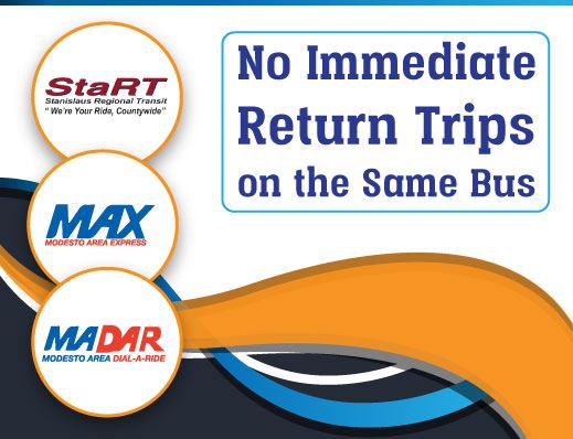 No Immediate Return Trips on the Same Bus. StaRT, MAX, and MADAR logos. 