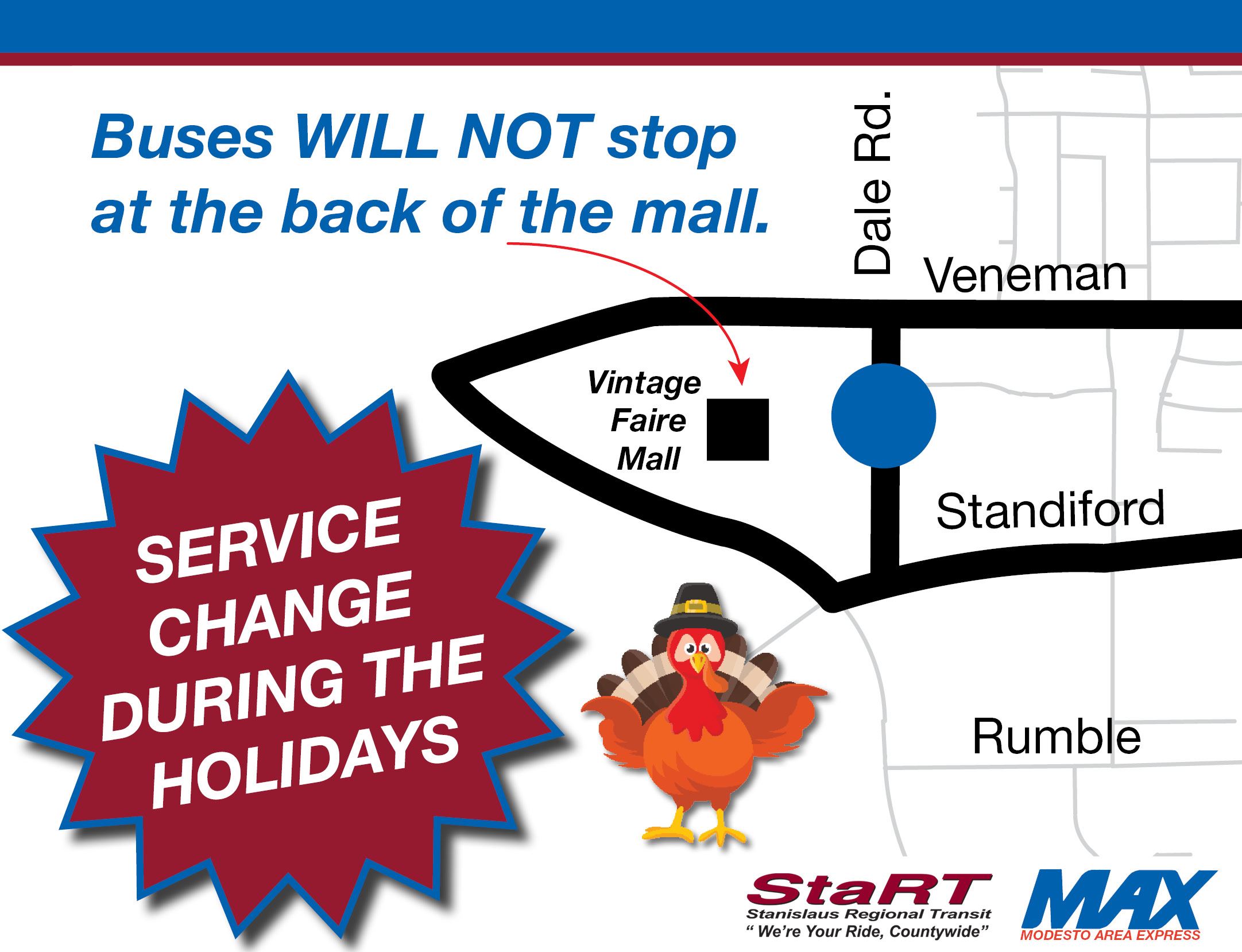 Buses will not stop at the back of the mall. Service change during the holidays. Map showing change.